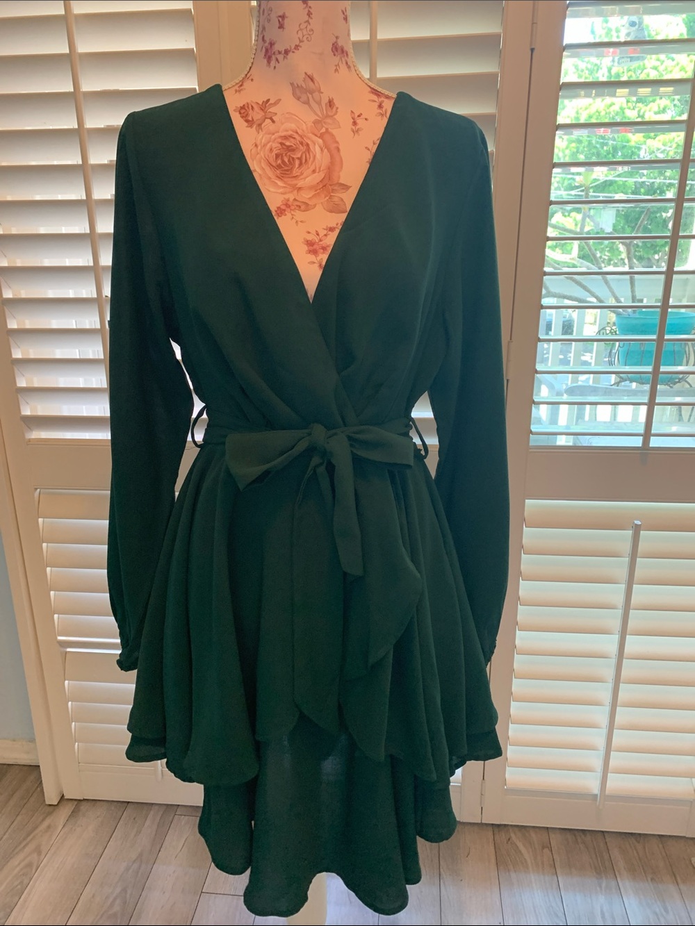 Deep Green Long Sleeve Wrap Dress with Waist Tie